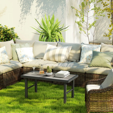 Outsunny Metal Garden Coffee Table, Outdoor Side Table with SPC Woodgrain Tabletop for Outside, Garden, Balcony, Porch, 100 x 53 x 46cm, Grey Wood Effect