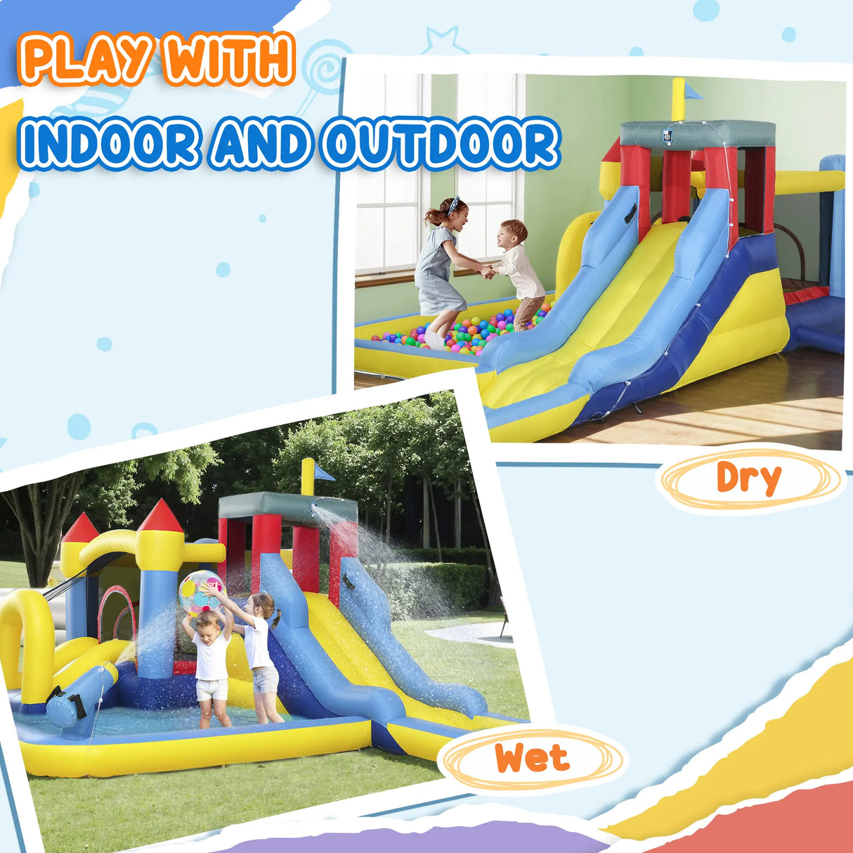AIYAPLAY Inflatable Bouncy Castle, Kids Water Bounce House 6 in 1 with 550W Blower, 2 Slides for Garden, Party, Outdoor Indoor