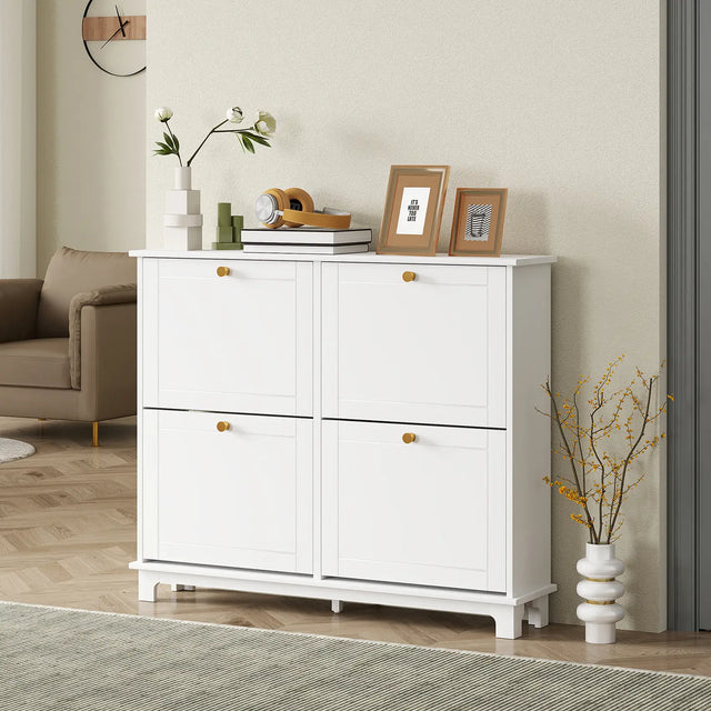 HOMCOM Narrow Shoe Storage Cabinet, Slim Shoe Cabinet with 4 Flip Drawers, Adjustable Shelves for 16 Pairs of Shoes, White