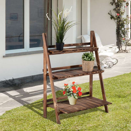 Outsunny Wooden Folding Flower Pot Stand 3 Tier Garden Planter Display Ladder Gardener Storage Shelves Rack Herb Holder (80L x 37W x 93H cm)