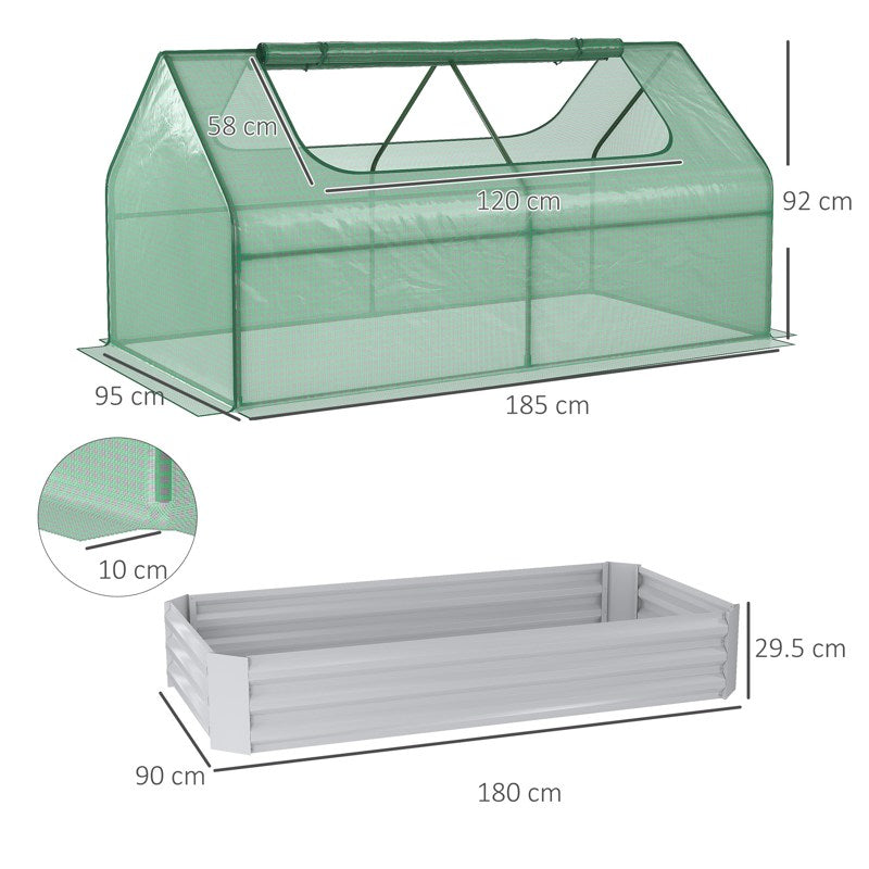 Outsunny Raised Garden Bed with Greenhouse, Steel Planter Box with Plastic Cover, Roll Up Window, Dual Use for Flowers, Vegetables, Fruits and Herbs, 185L x 95W x 92H cm, Green