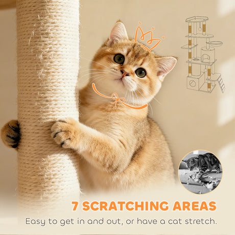 PawHut 170 cm Large Cat Tree, Cat Tower with 7 Scratching Posts, Tunnel, 2 Condos, Hammock, Perch, Ramp, Pompoms, Light Grey