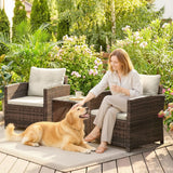 Outsunny Rattan Bistro Set, 3 Piece Garden Furniture Set with 2 Tier Glass Top Table and Cushions, Mixed Brown