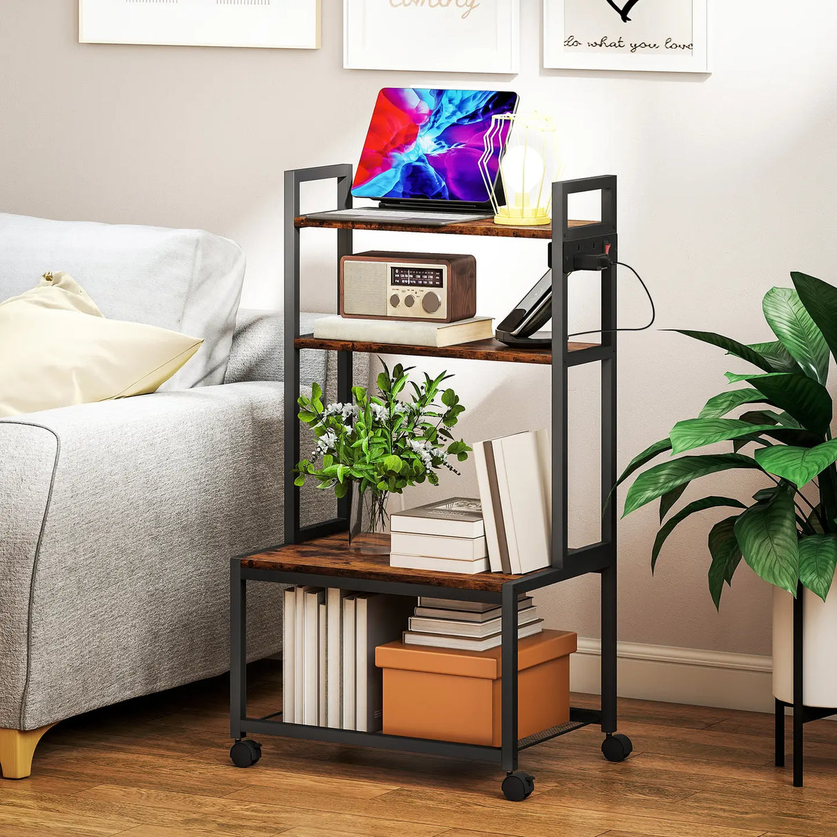 HOMCOM 4-Tier Printer Stand with Power Outlets and Wheels - Rustic Brown