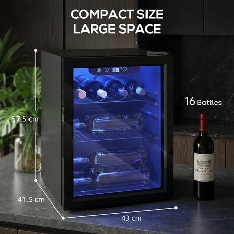 HOMCOM 16 Bottle Wine Cooler, 48 Litre Capacity, 4-16C Under Counter Drinks Beer Wine Fridge with Glass Door, LED Light, Black
