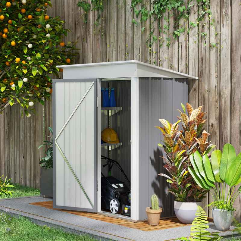 Outsunny Metal Garden Shed, Outdoor Lean-to Shed for Tool Motor Bike, with Adjustable Shelf, Lock, Gloves, 5'x3'x6', Grey