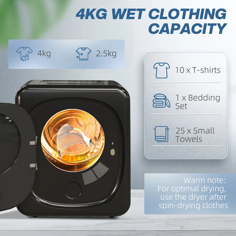 HOMCOM 4kg Vented Tumble Dryer with Deodorize, Smart Mode, 800W Compact Tumble Dryer with Stainless Steel Tub, Front Load, for Flat, Home, RVs, Black