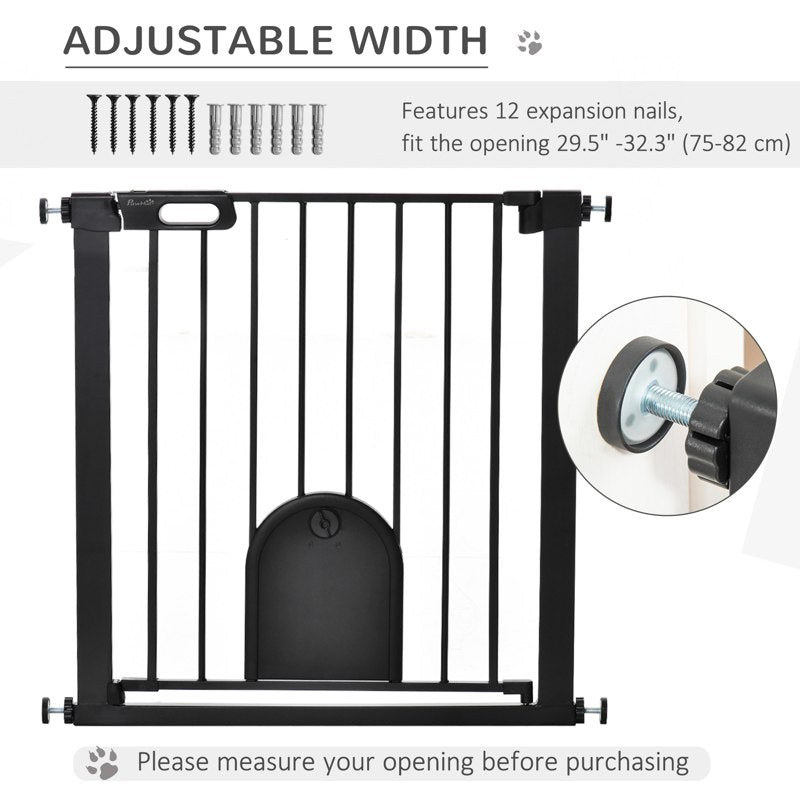 PawHut Dog Gate with Cat Flap Pet Safety Gate Barrier, Stair Pressure Fit, Auto Close, Double Locking, for Doorways, Hallways, 75-82 cm Black