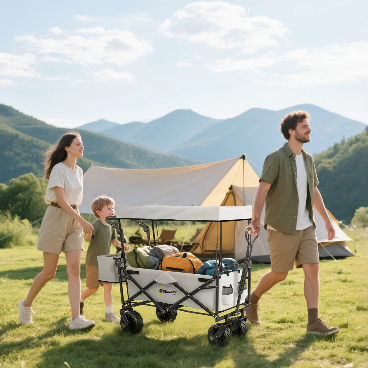 Outsunny Folding Trolley Cart Storage Wagon Beach Trailer 4 Wheels with Handle Overhead Canopy Cart Push Pull for Camping, Grey
