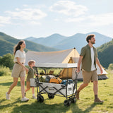Outsunny Folding Trolley Cart Storage Wagon Beach Trailer 4 Wheels with Handle Overhead Canopy Cart Push Pull for Camping, Grey