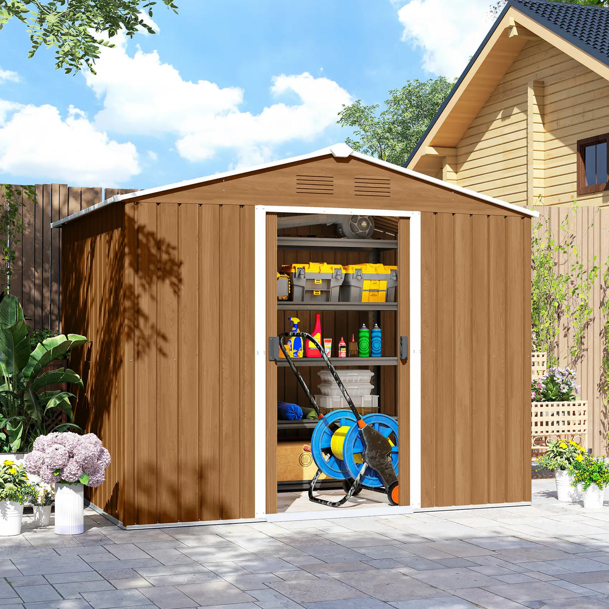Outsunny 8x6 Metal Storage Shed Galvanised Steel Frame with Sloped Roof & Double Door for Homeowners, Brown