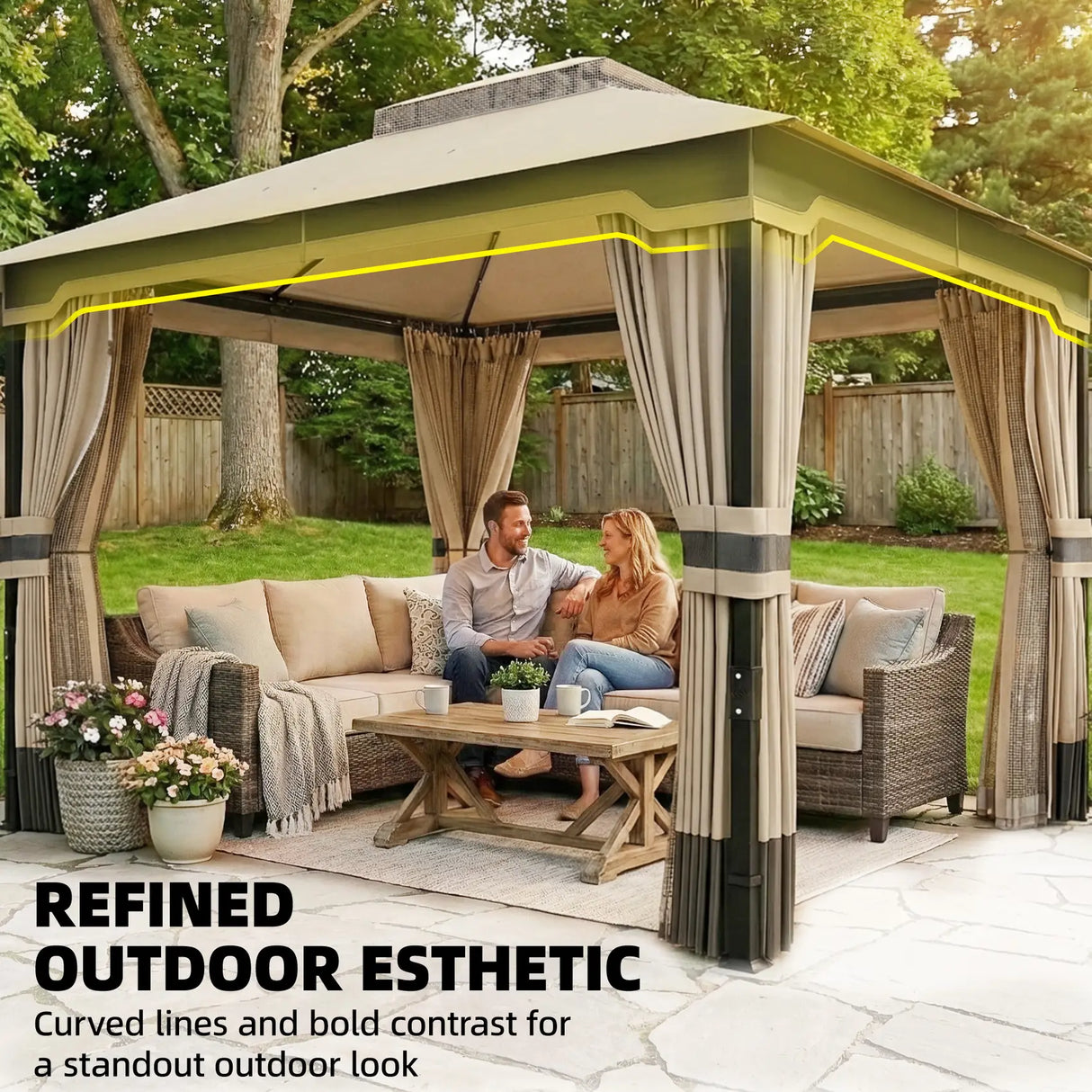Outsunny 3 x 3.6 m Outdoor Garden Gazebo with Netting and Curtains, Double Roof Patio Gazebo Permanent Pavilion, Khaki