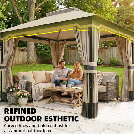 Outsunny 3 x 3.6 m Outdoor Garden Gazebo with Netting and Curtains, Double Roof Patio Gazebo Permanent Pavilion, Khaki