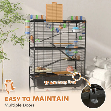 PawHut 5 Tier Large Hamster Cage on Wheels with 17 cm Deep Tray, Storage Shelf for Syrian, Gerbil, Rats