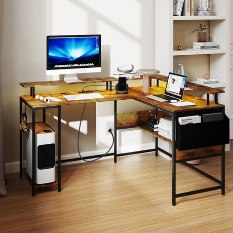 L-Shaped Gaming Desk with LED Lights and Power Outlets-Rustic Brown