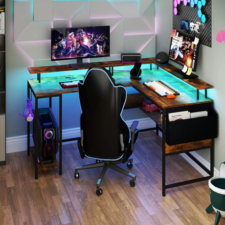 L-Shaped Gaming Desk with LED Lights and Power Outlets-Rustic Brown