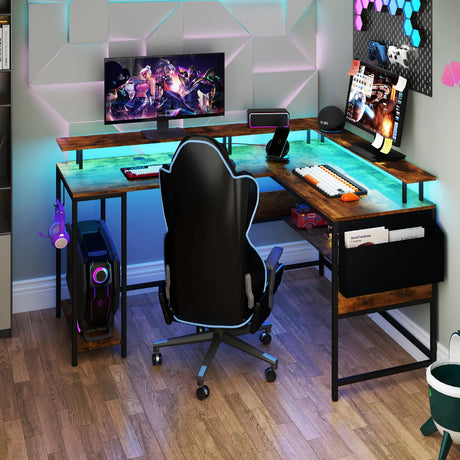 L-Shaped Gaming Desk with LED Lights and Power Outlets-Rustic Brown