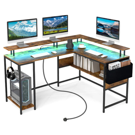 L-Shaped Gaming Desk with LED Lights and Power Outlets-Rustic Brown