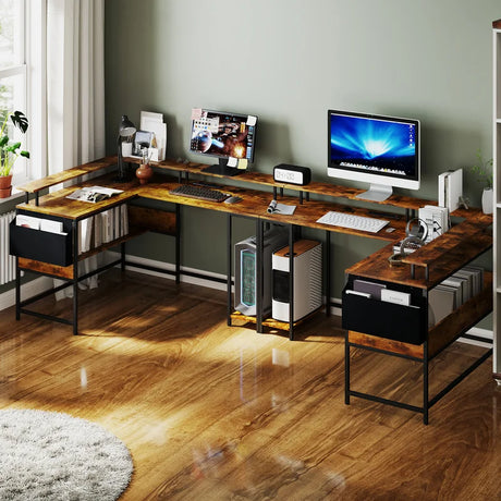 L-Shaped Gaming Desk with LED Lights and Power Outlets-Rustic Brown