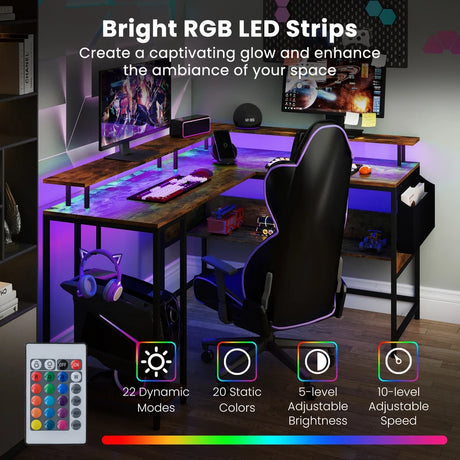 L-Shaped Gaming Desk with LED Lights and Power Outlets-Rustic Brown