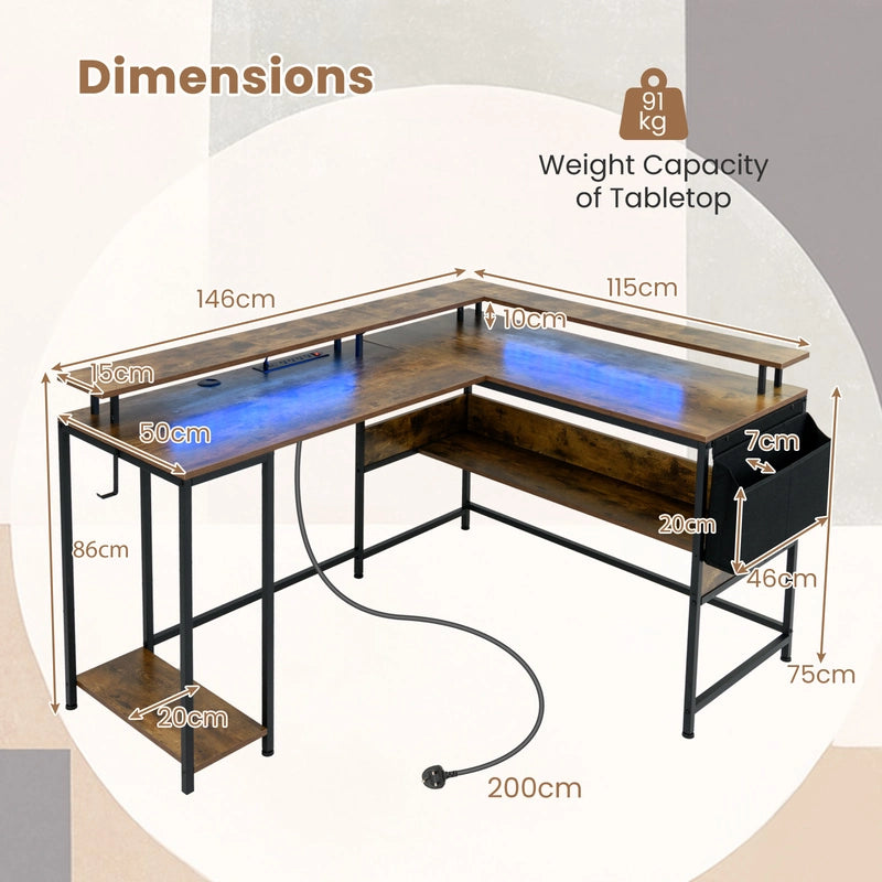 L-Shaped Gaming Desk with LED Lights and Power Outlets-Rustic Brown