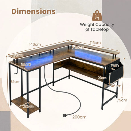 L-Shaped Gaming Desk with LED Lights and Power Outlets-Rustic Brown