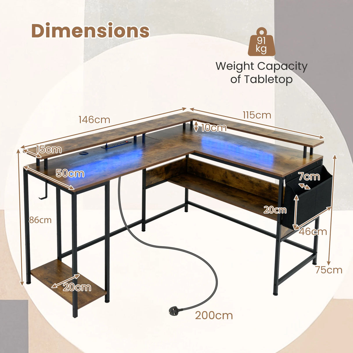 L-Shaped Gaming Desk with LED Lights and Power Outlets-Rustic Brown