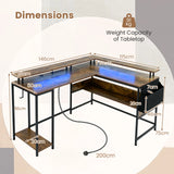 L-Shaped Gaming Desk with LED Lights and Power Outlets-Rustic Brown