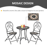 Outsunny 3 Pieces Garden Bistro Set with Coffee Table and 2 Folding Single Chairs, Mosaic Garden Table Top and Seats, Metal Frame, for Patio Balcony, Black