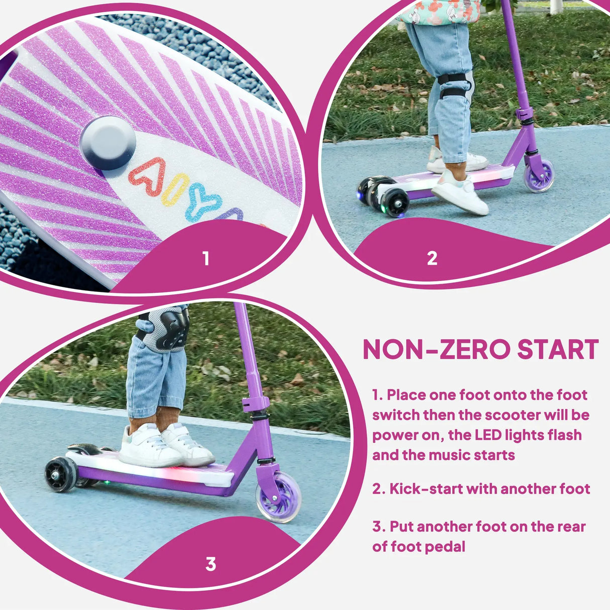 AIYAPLAY Electric Scooter for Kids Aged 4-7 Years, with Flashing LED Lights, Rear Auxiliary Wheels, Purple