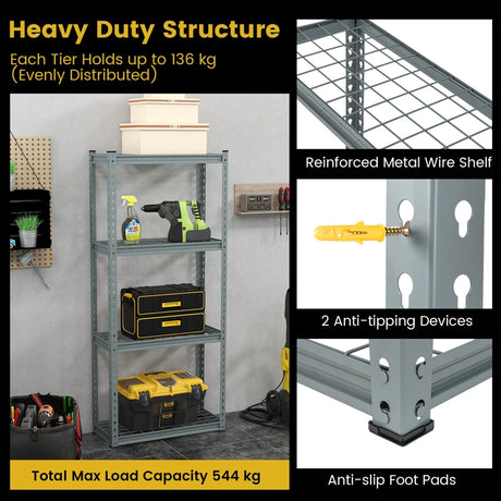 4-Tier Metal Shelving Unit with Anti-slip Foot Pad and Anti-tipping Device-Gray