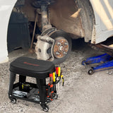 Rolling Workshop Stool with Storage Removable Mechanic Seat with Equipment Tray Tool Holder Load 136 kg Black