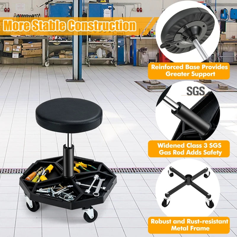 330 LBS Capacity Pneumatic Rolling Mechanic Stool with Padded Seat-Black