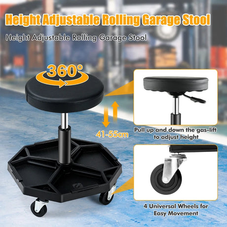 330 LBS Capacity Pneumatic Rolling Mechanic Stool with Padded Seat-Black