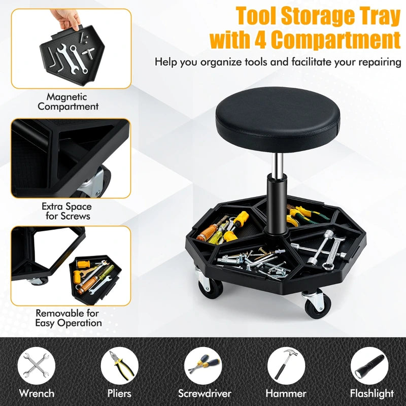 330 LBS Capacity Pneumatic Rolling Mechanic Stool with Padded Seat-Black