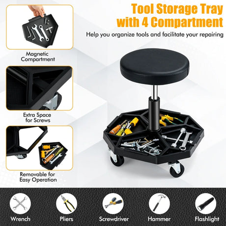 330 LBS Capacity Pneumatic Rolling Mechanic Stool with Padded Seat-Black