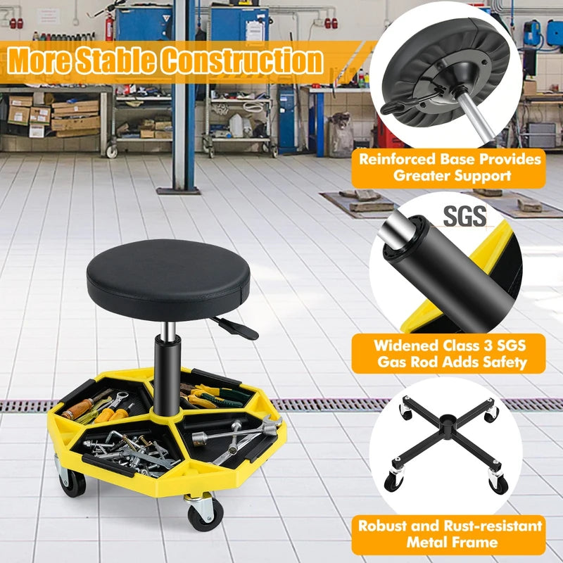 330 LBS Capacity Pneumatic Rolling Mechanic Stool with Padded Seat-Yellow