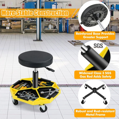 330 LBS Capacity Pneumatic Rolling Mechanic Stool with Padded Seat-Yellow