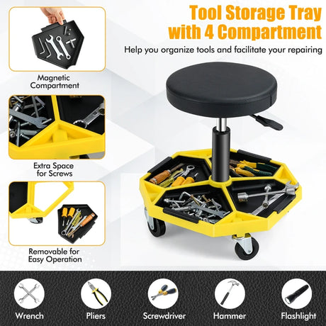 330 LBS Capacity Pneumatic Rolling Mechanic Stool with Padded Seat-Yellow