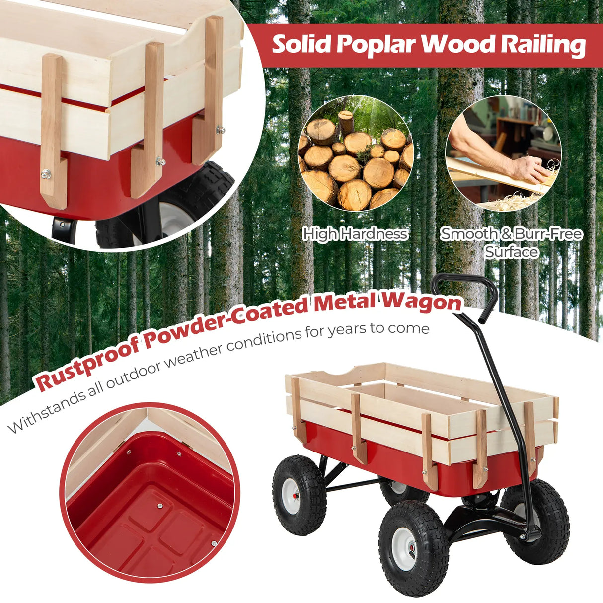 Garden Cart with Wood Railing for Farm Garden Orchard Camping