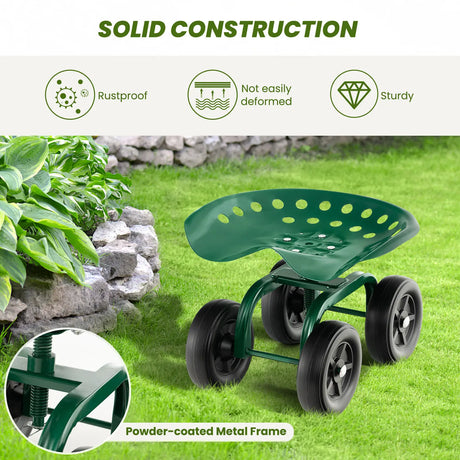 Garden Rolling Workseat with 360Swivel Seat and Adjustable Height-Green