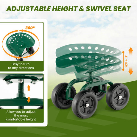 Garden Rolling Workseat with 360Swivel Seat and Adjustable Height-Green