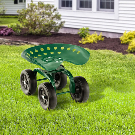 Garden Rolling Workseat with 360Swivel Seat and Adjustable Height-Green