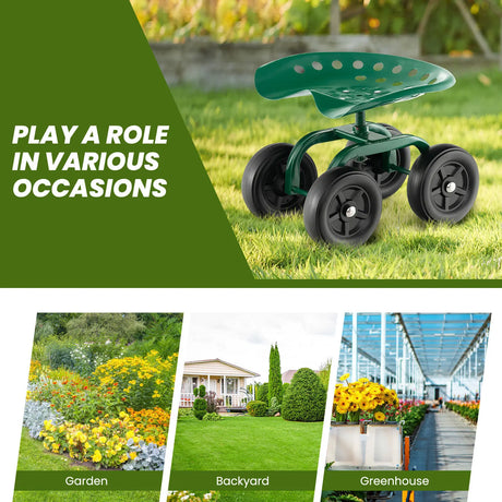 Garden Rolling Workseat with 360Swivel Seat and Adjustable Height-Green