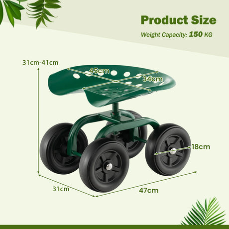 Garden Rolling Workseat with 360Swivel Seat and Adjustable Height-Green