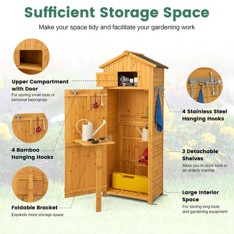 71 Inch Tall Garden Tool Storage Cabinet with Lockable Doors and Foldable Table-Natural