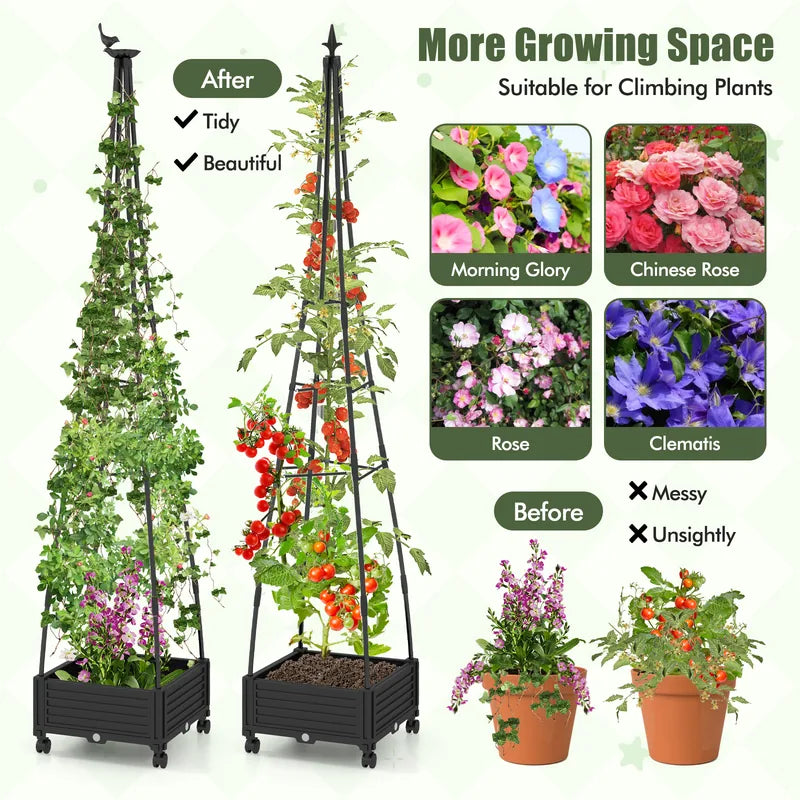 Garden Obelisk Trellis with Self-Drainage System for Climbing Plants-Black