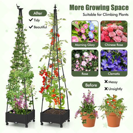 Garden Obelisk Trellis with Self-Drainage System for Climbing Plants-Black