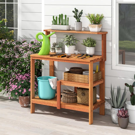 Outdoor Garden Potting Wood Planting Workstation with Open Shelves