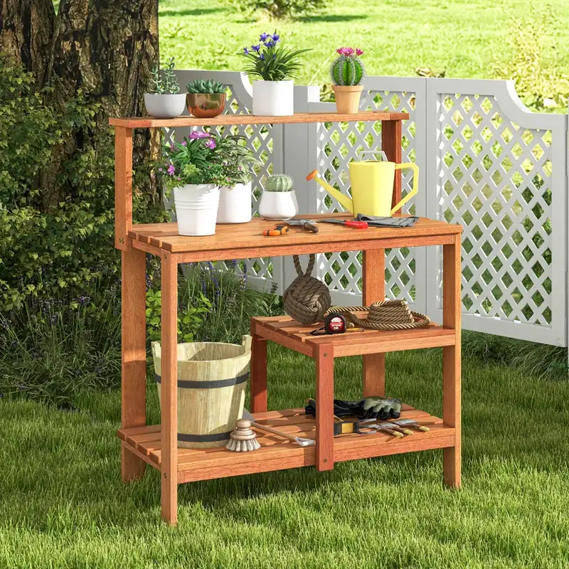 Outdoor Garden Potting Wood Planting Workstation with Open Shelves